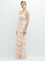 Side View Thumbnail - Coquette Floral Print Strapless Asymmetrical Tiered Ruffle Chiffon Maxi Dress with Handworked Flower Detail