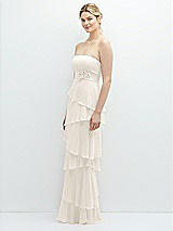 Side View Thumbnail - Ivory Strapless Asymmetrical Tiered Ruffle Chiffon Maxi Dress with Handworked Flower Detail