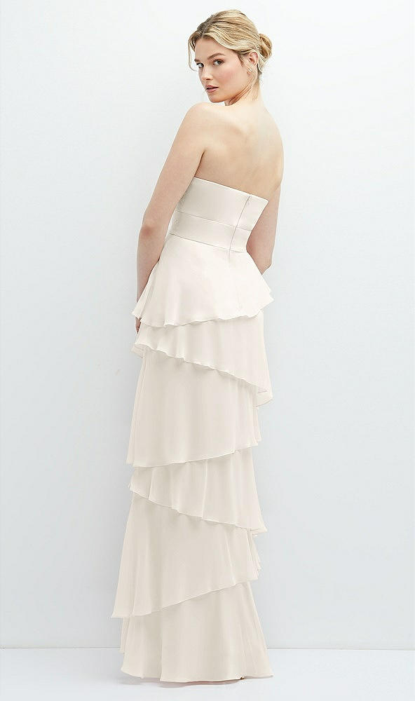 Back View - Ivory Strapless Asymmetrical Tiered Ruffle Chiffon Maxi Dress with Handworked Flower Detail