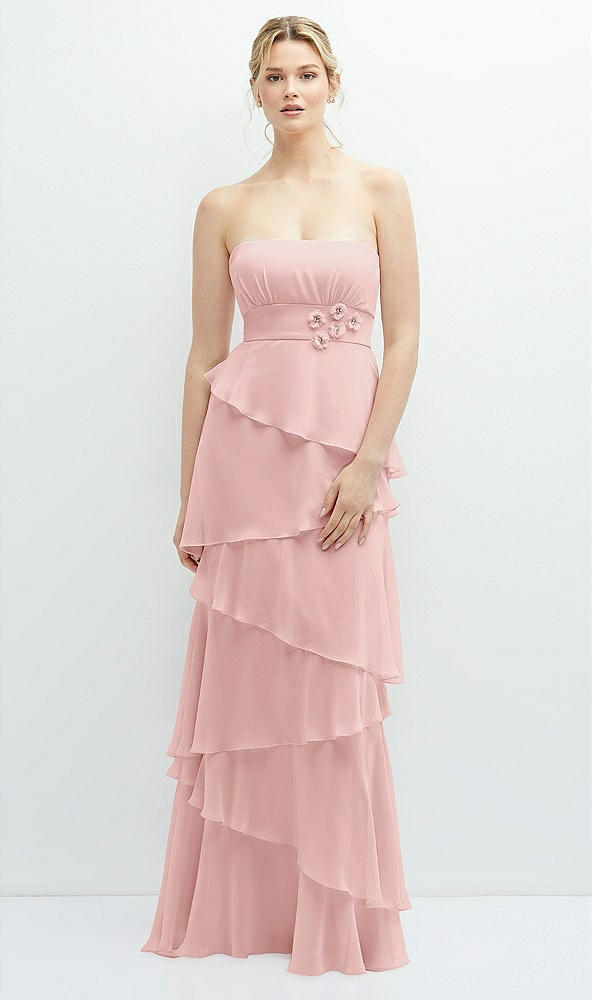 Front View - Rose Strapless Asymmetrical Tiered Ruffle Chiffon Maxi Dress with Handworked Flower Detail