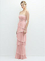 Side View Thumbnail - Rose Strapless Asymmetrical Tiered Ruffle Chiffon Maxi Dress with Handworked Flower Detail