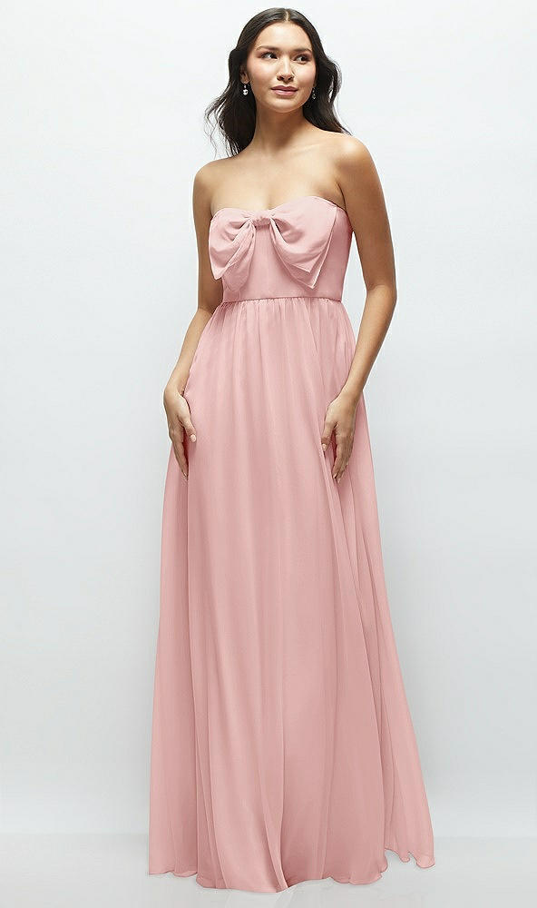 Front View - Rose Strapless Chiffon Maxi Dress with Oversized Bow Bodice