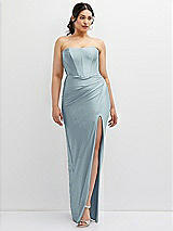 Front View Thumbnail - Mist Strapless Stretch Satin Corset Dress with Draped Column Skirt