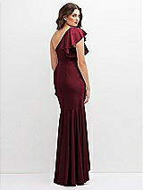 Rear View Thumbnail - Cabernet One-Shoulder Stretch Satin Mermaid Dress with Cascade Ruffle Flamenco Skirt