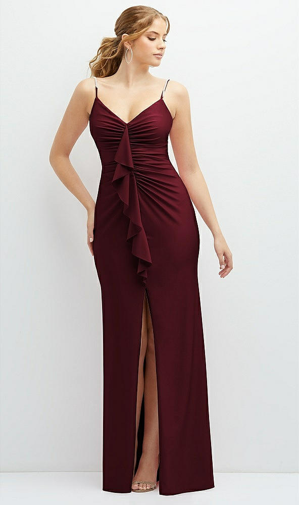 Front View - Cabernet Rhinestone Strap Stretch Satin Maxi Dress with Vertical Cascade Ruffle