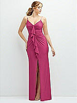 Front View Thumbnail - Tea Rose Rhinestone Strap Stretch Satin Maxi Dress with Vertical Cascade Ruffle
