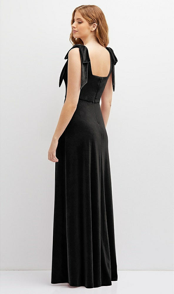 Back View - Black Square Neck Velvet Maxi Dress with Bow Shoulders