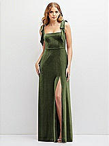Front View Thumbnail - Olive Green Square Neck Velvet Maxi Dress with Bow Shoulders