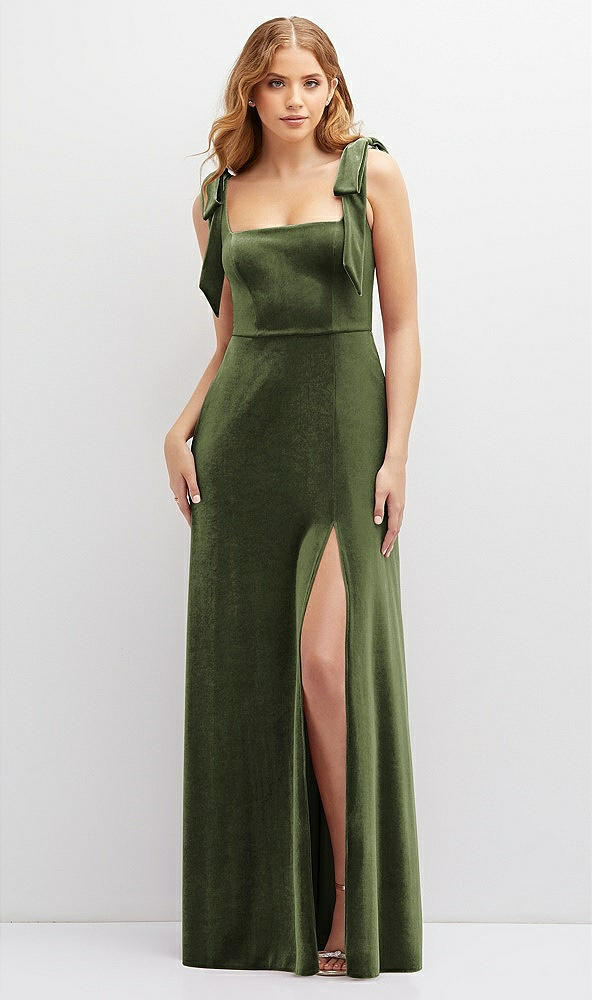 Front View - Olive Green Square Neck Velvet Maxi Dress with Bow Shoulders