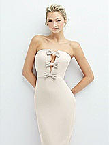 Alt View 1 Thumbnail - Ivory Rhinestone Bow Trimmed Peek-a-Boo Deep-V Midi Dress with Pencil Skirt