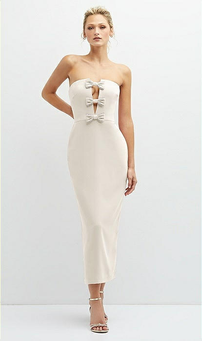 Rhinestone Bow Trimmed Peek-a-boo Deep-v Midi Bridesmaid Dress