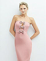 Alt View 1 Thumbnail - Rose Rhinestone Bow Trimmed Peek-a-Boo Deep-V Midi Dress with Pencil Skirt