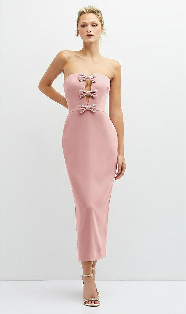 Front View - Rose Rhinestone Bow Trimmed Peek-a-Boo Deep-V Midi Dress with Pencil Skirt