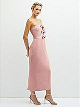 Side View Thumbnail - Rose Rhinestone Bow Trimmed Peek-a-Boo Deep-V Midi Dress with Pencil Skirt
