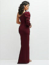 Rear View Thumbnail - Cabernet 3/4 Puff Sleeve One-shoulder Maxi Dress with Rhinestone Bow Detail