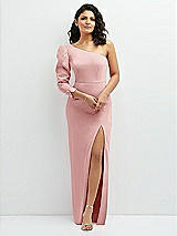 Front View Thumbnail - Rose 3/4 Puff Sleeve One-shoulder Maxi Dress with Rhinestone Bow Detail