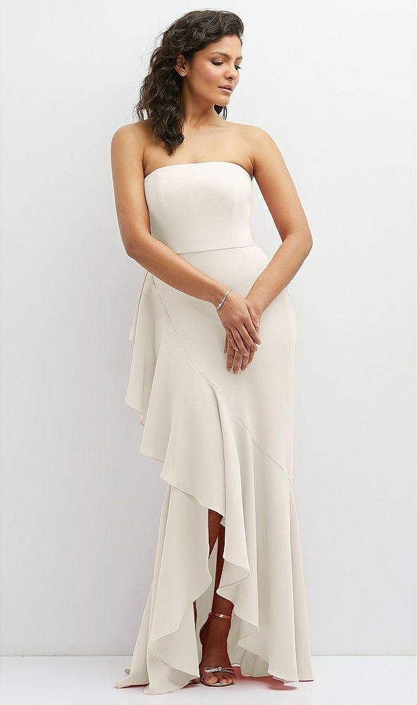 Front View - Ivory Strapless Crepe Maxi Dress with Ruffle Edge Bias Wrap Skirt