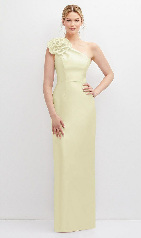 Front View - Butter Yellow Oversized Flower One-Shoulder Satin Column Dress