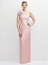 Front View Thumbnail - Ballet Pink Oversized Flower One-Shoulder Satin Column Dress