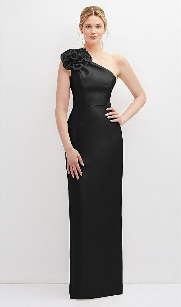Front View - Black Oversized Flower One-Shoulder Satin Column Dress
