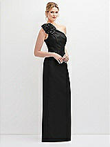 Side View Thumbnail - Black Oversized Flower One-Shoulder Satin Column Dress