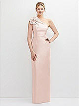 Front View Thumbnail - Blush Oversized Flower One-Shoulder Satin Column Dress