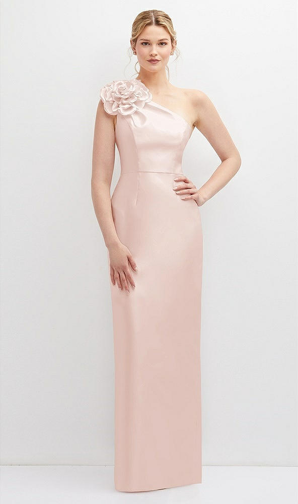 Front View - Blush Oversized Flower One-Shoulder Satin Column Dress