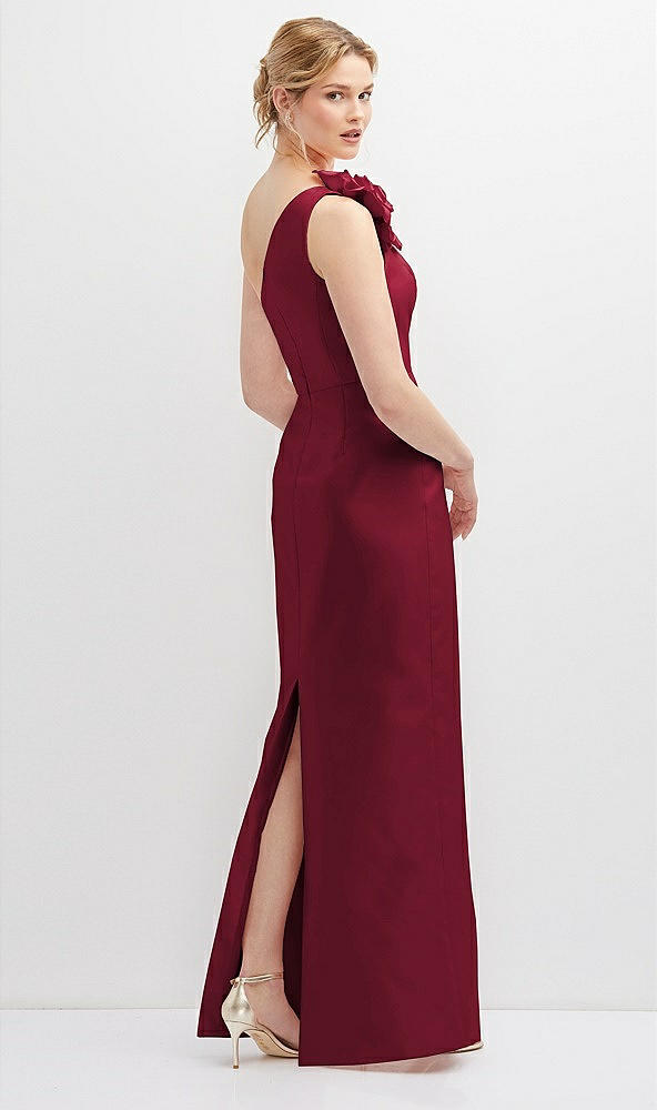 Back View - Burgundy Oversized Flower One-Shoulder Satin Column Dress