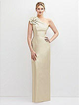 Front View Thumbnail - Champagne Oversized Flower One-Shoulder Satin Column Dress