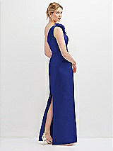 Rear View Thumbnail - Cobalt Blue Oversized Flower One-Shoulder Satin Column Dress