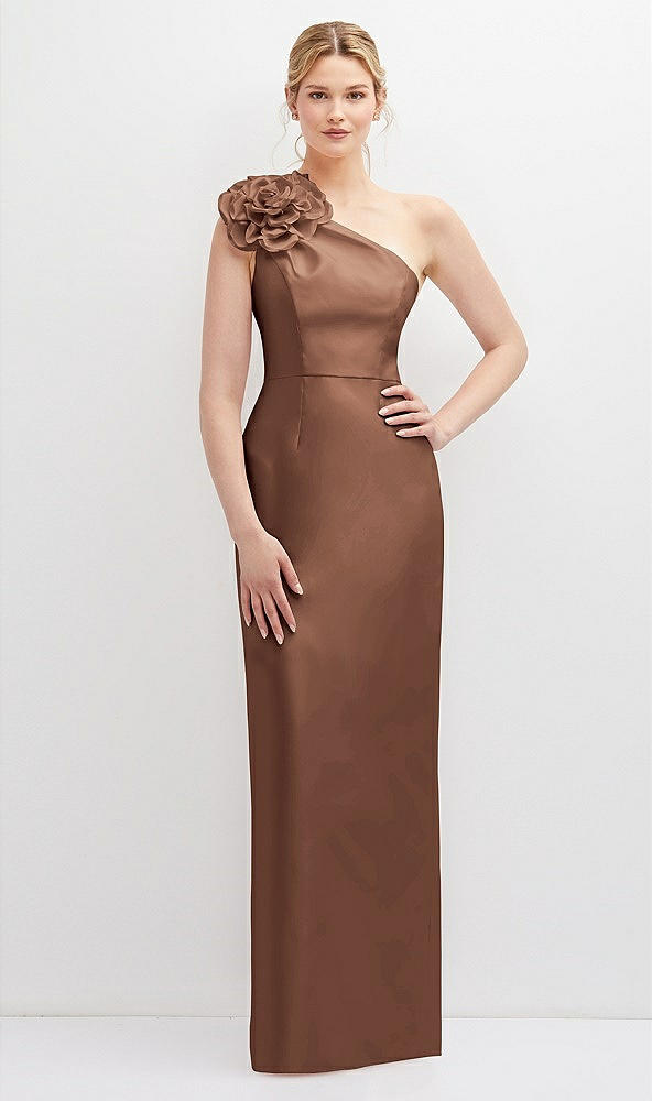 Front View - Cognac Oversized Flower One-Shoulder Satin Column Dress