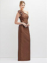 Side View Thumbnail - Cognac Oversized Flower One-Shoulder Satin Column Dress