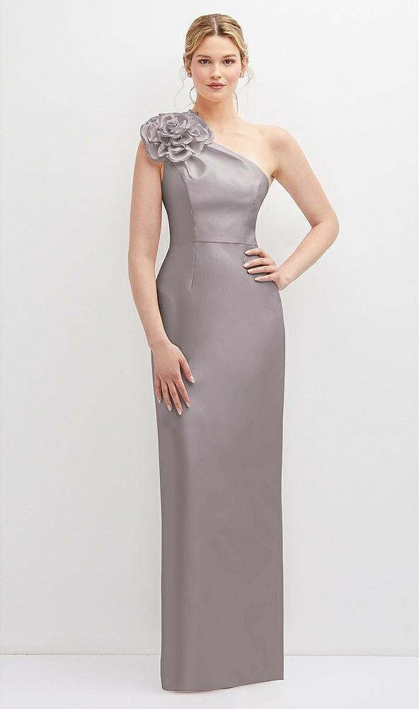 Front View - Cashmere Gray Oversized Flower One-Shoulder Satin Column Dress