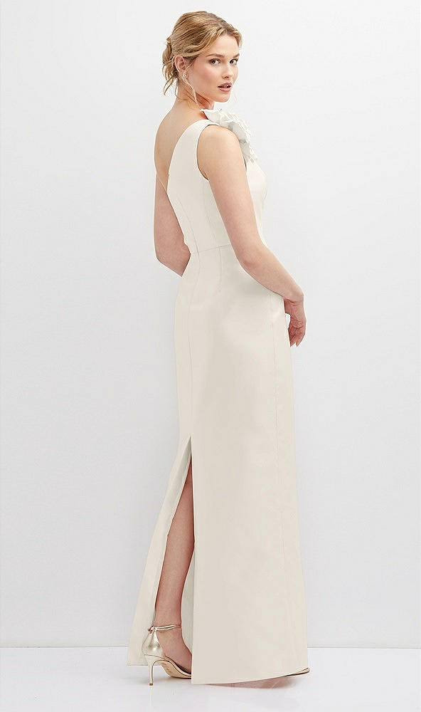 Back View - Ivory Oversized Flower One-Shoulder Satin Column Dress