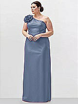 Alt View 1 Thumbnail - Larkspur Blue Oversized Flower One-Shoulder Satin Column Dress
