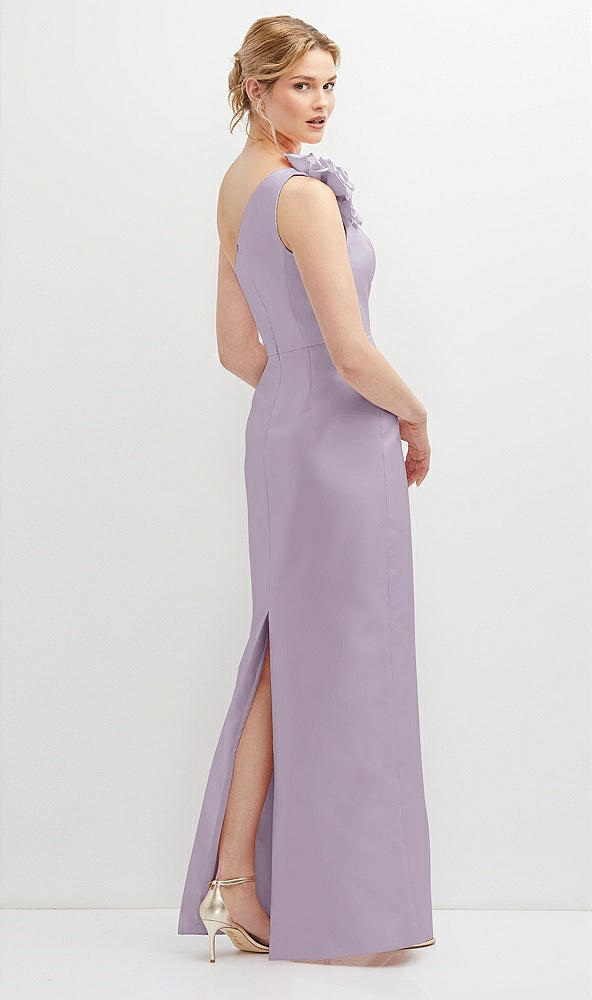 Back View - Lilac Haze Oversized Flower One-Shoulder Satin Column Dress