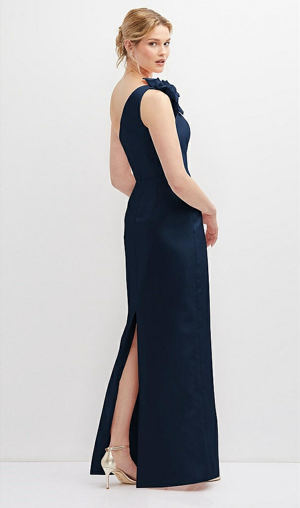 Back View - Midnight Navy Oversized Flower One-Shoulder Satin Column Dress