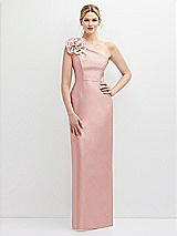 Front View Thumbnail - Rose Oversized Flower One-Shoulder Satin Column Dress