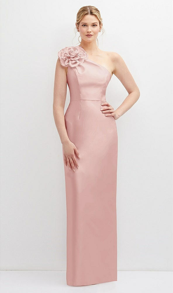 Front View - Rose Oversized Flower One-Shoulder Satin Column Dress