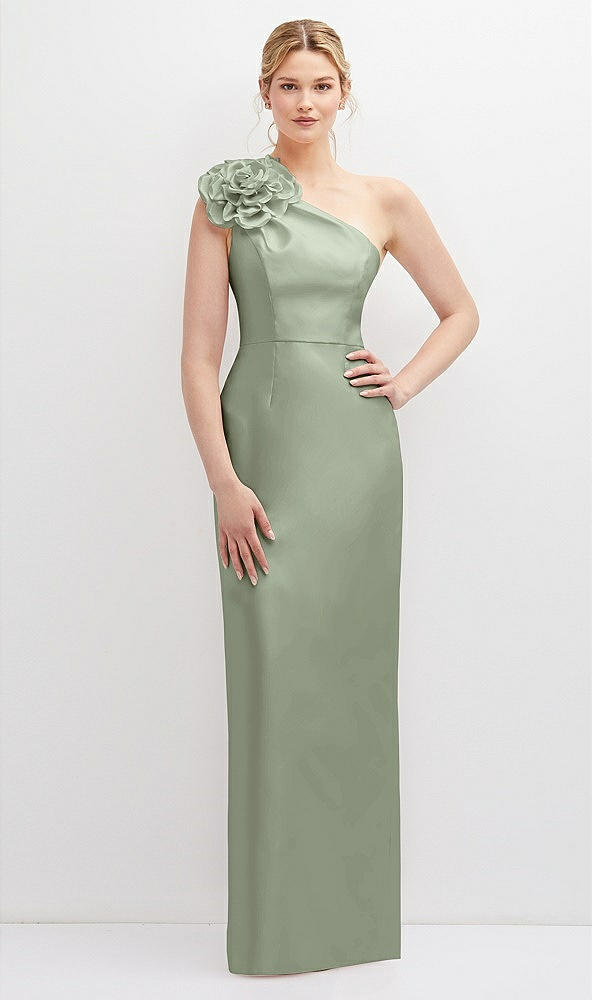Front View - Sage Oversized Flower One-Shoulder Satin Column Dress
