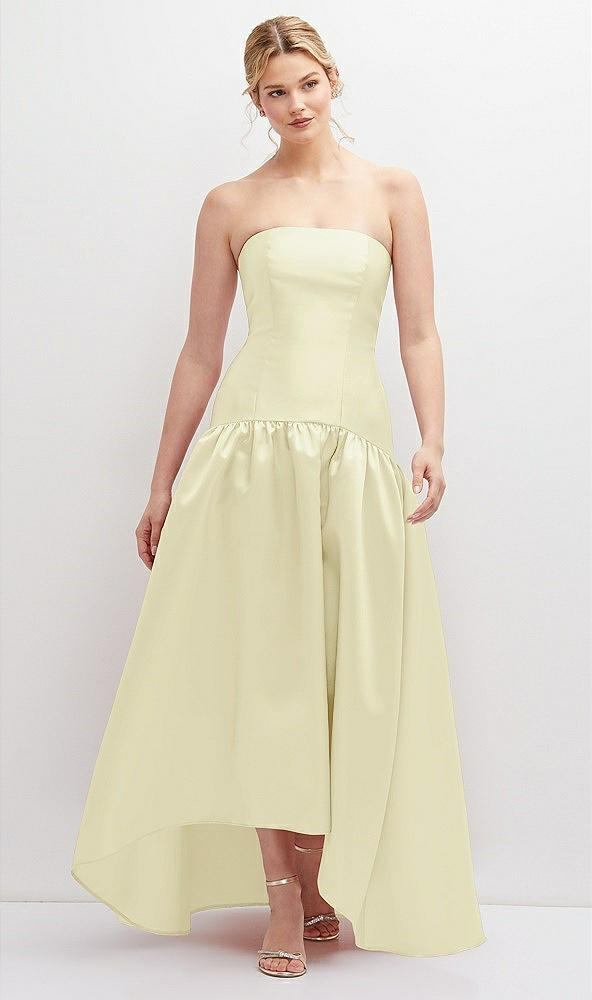 Front View - Butter Yellow Strapless Fitted Satin High Low Dress with Shirred Ballgown Skirt