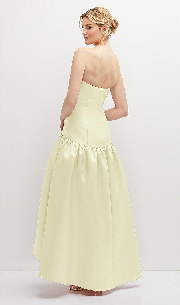 Back View - Butter Yellow Strapless Fitted Satin High Low Dress with Shirred Ballgown Skirt