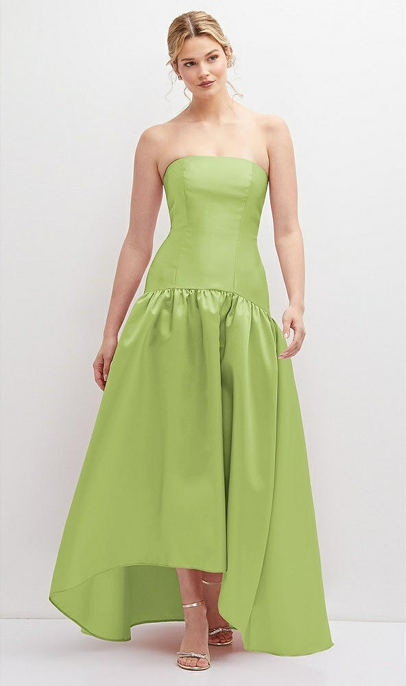 Front View - Mojito Strapless Fitted Satin High Low Dress with Shirred Ballgown Skirt