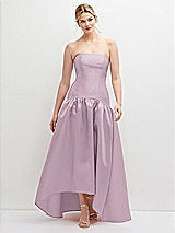 Front View Thumbnail - Suede Rose Strapless Fitted Satin High Low Dress with Shirred Ballgown Skirt