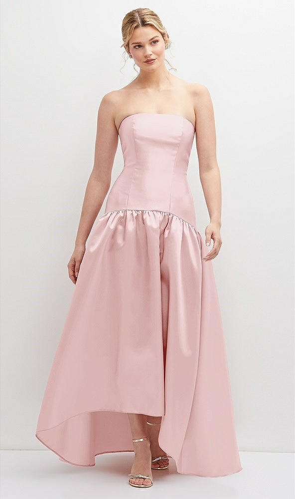 Front View - Ballet Pink Strapless Fitted Satin High Low Dress with Shirred Ballgown Skirt