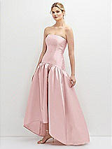 Side View Thumbnail - Ballet Pink Strapless Fitted Satin High Low Dress with Shirred Ballgown Skirt