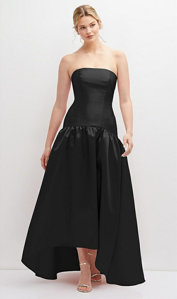 Front View - Black Strapless Fitted Satin High Low Dress with Shirred Ballgown Skirt