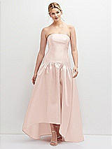 Front View Thumbnail - Blush Strapless Fitted Satin High Low Dress with Shirred Ballgown Skirt