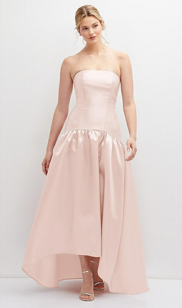 Front View - Blush Strapless Fitted Satin High Low Dress with Shirred Ballgown Skirt