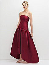Side View Thumbnail - Burgundy Strapless Fitted Satin High Low Dress with Shirred Ballgown Skirt